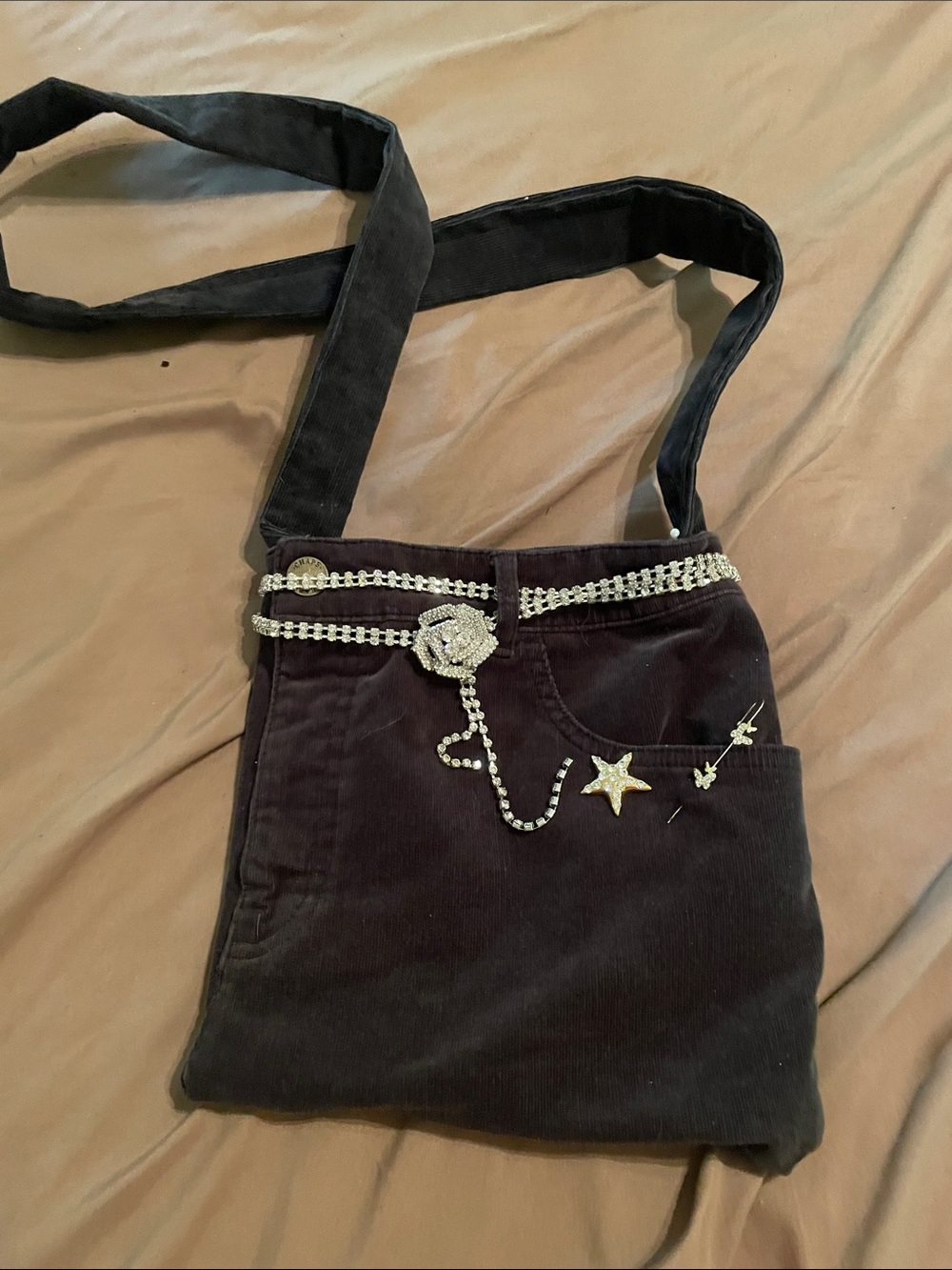 Handmade Black corduroy Women’s Crossbody Bag with bling Accents